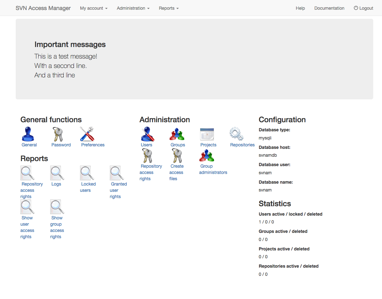 SVN Access Manager administration screen showing user and permission management
