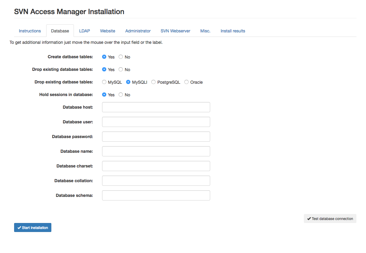Database settings in the installer