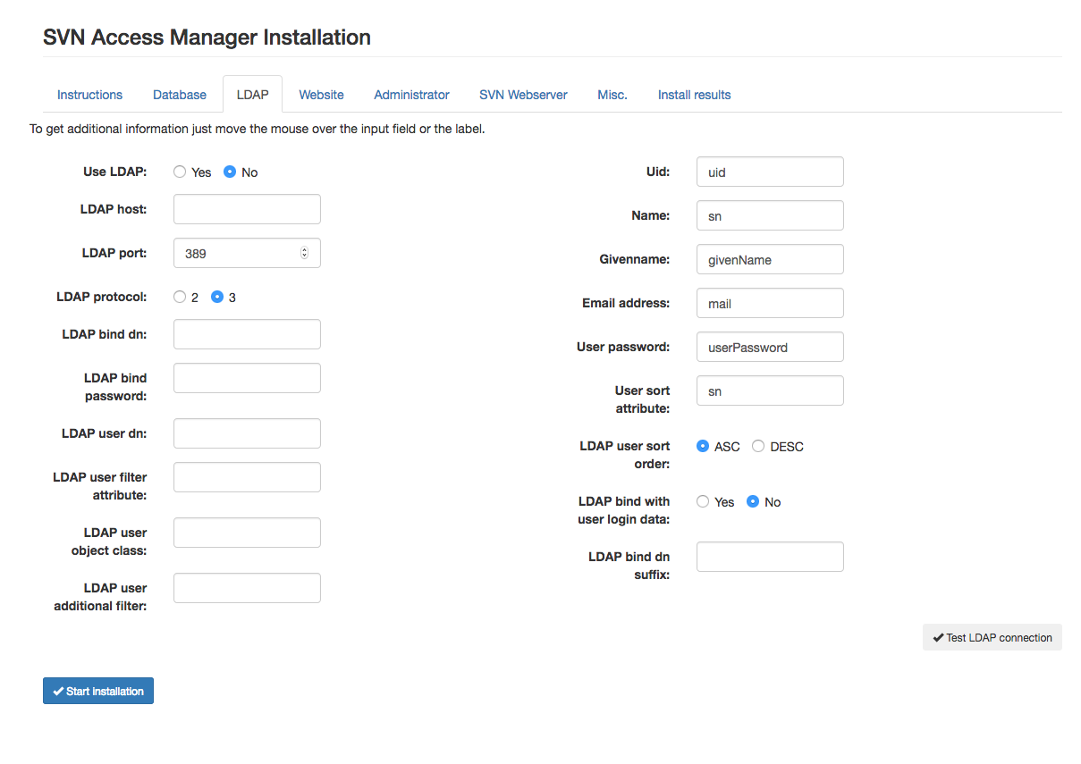 LDAP settings in the installer