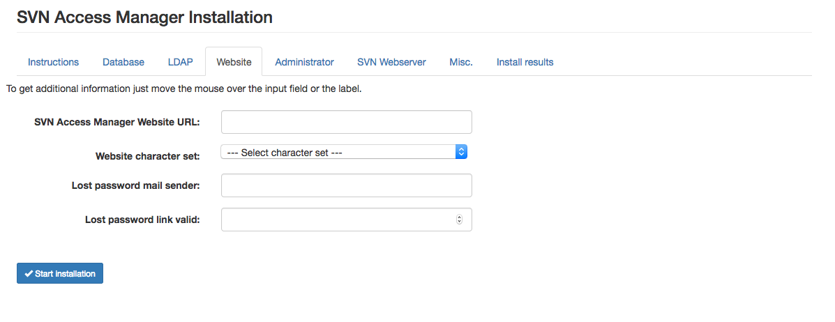 Website settings in the installer