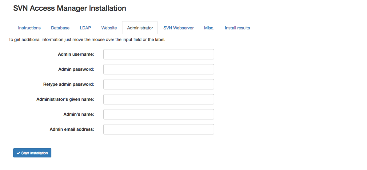 Administrator account settings in the installer