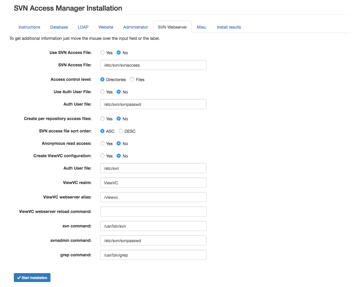 Webserver settings in the installer
