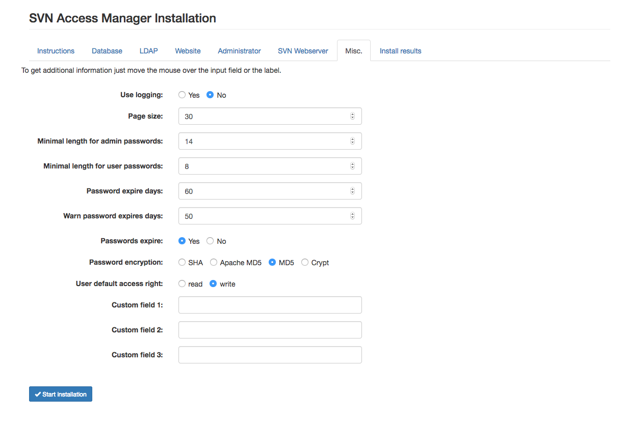 Miscellaneous settings in the installer