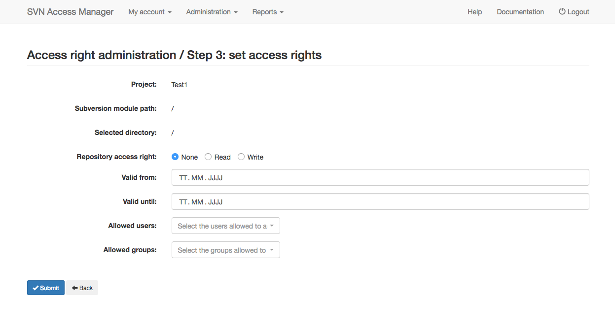 Set access right dialog