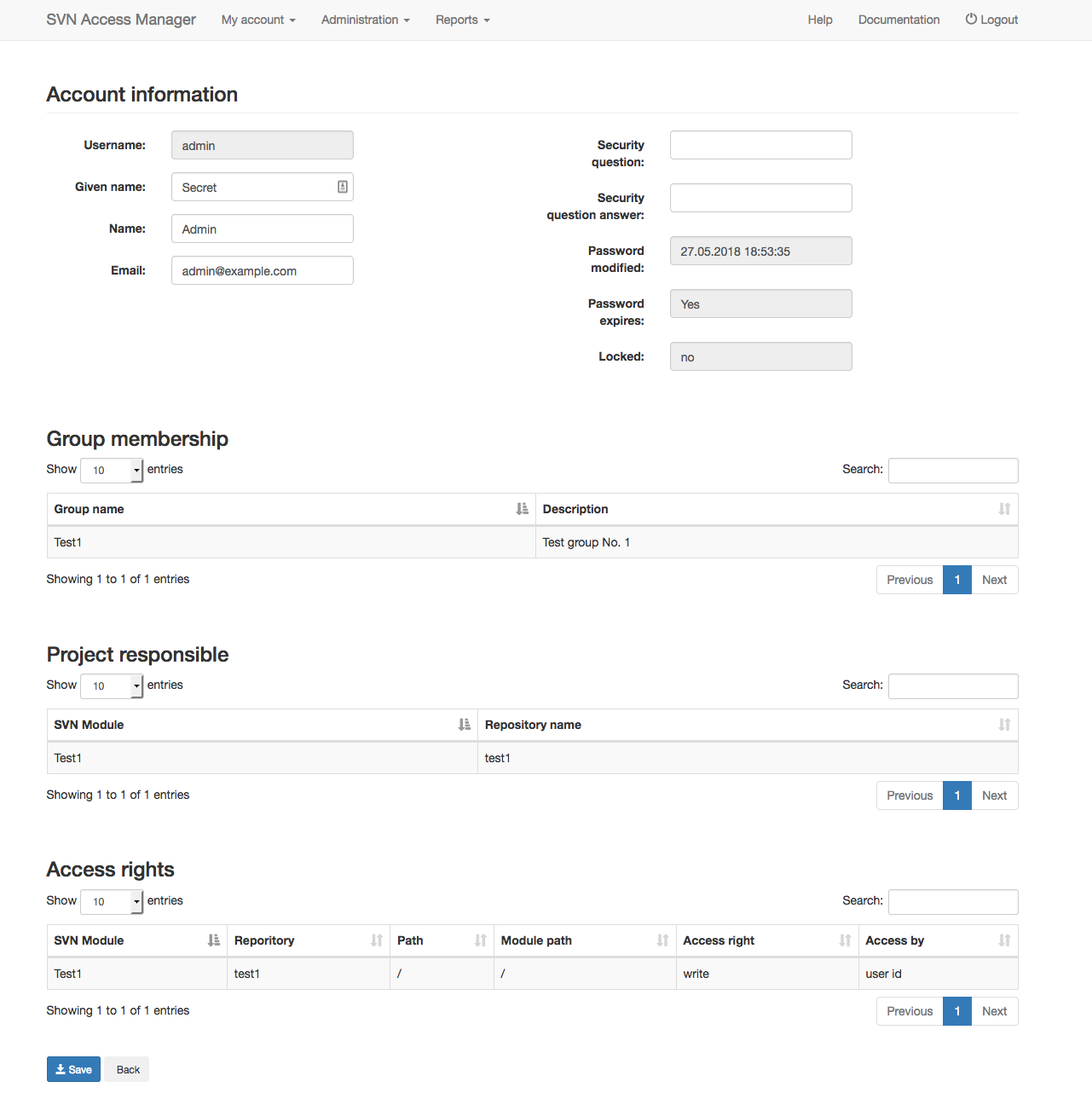 Account information page